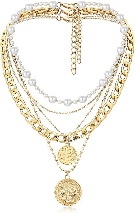 MJartoria Layered Necklaces for Women Trendy Retro Coin Pendant Necklace Dainty Chunky Chain Chok... | Amazon (US)