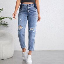 Maternity High Waist Ripped Jeans Boyfriend Jeans | SHEIN