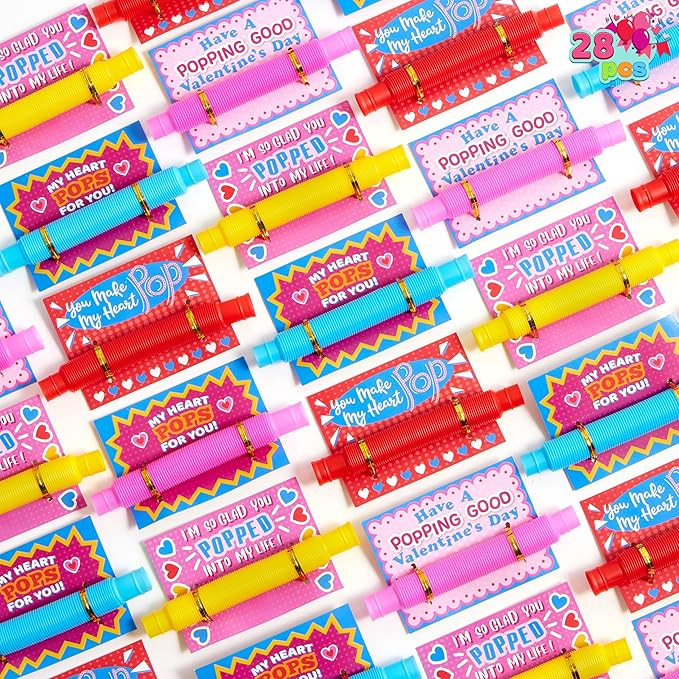 JOYIN 28 Packs Valentines Cards with Pop Tubes for Kids, Pop Tubes with Gift Cards Set, Stretchy ... | Amazon (US)