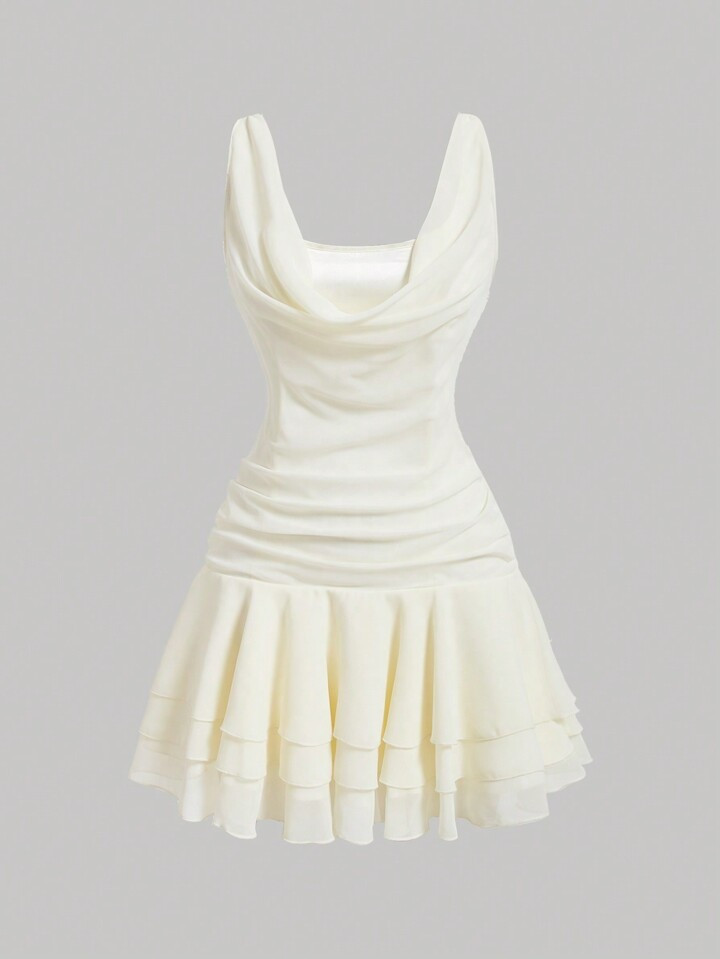 SHEIN MOD Summer Holiday Apricot Pleated Multi-Layer Hem Drop Neck Sleeveless Dress | SHEIN