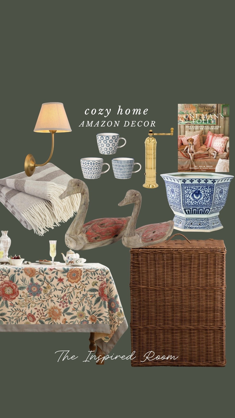 Cozy home amazon decor - wood swans, sconce, throw blanket, mugs, salt pepper grinder, book, blue and white planter, laundry basket, floral tablecloth

#LTKSaleAlert #LTKHome #LTKFindsUnder50