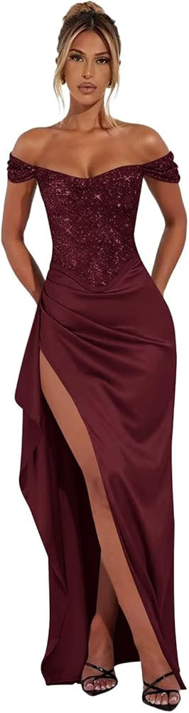 Vestido de fiesta de lentejuelas con hombros descubiertos, vestido de noche largo de satén de si... | Amazon (US)
