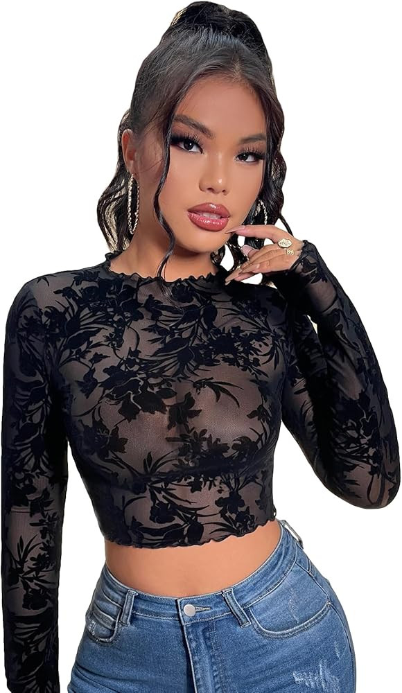 COZYEASE Women's Long Sleeve Crop Top Floral Mesh Lettuce Trim See Through Tee Tops Slim Fitted T... | Amazon (US)