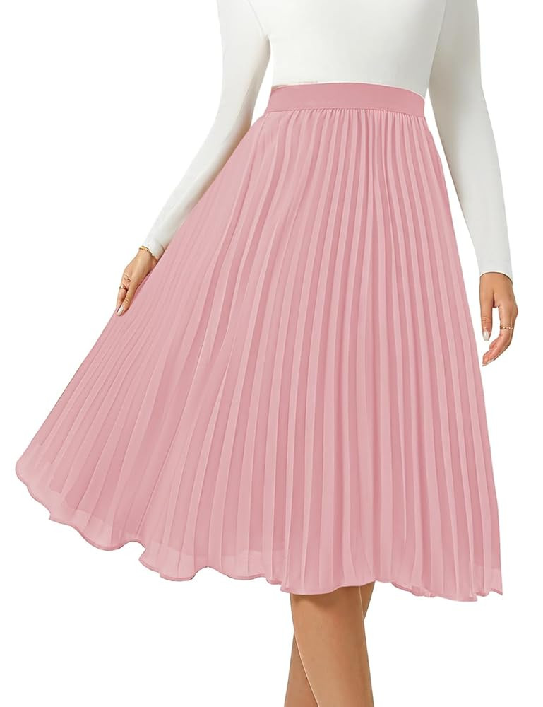 Women's Midi Skirt Elastic High Waist Pleated Skirt Knee Length Swing A-Line Casual Flowy Skirts ... | Amazon (US)