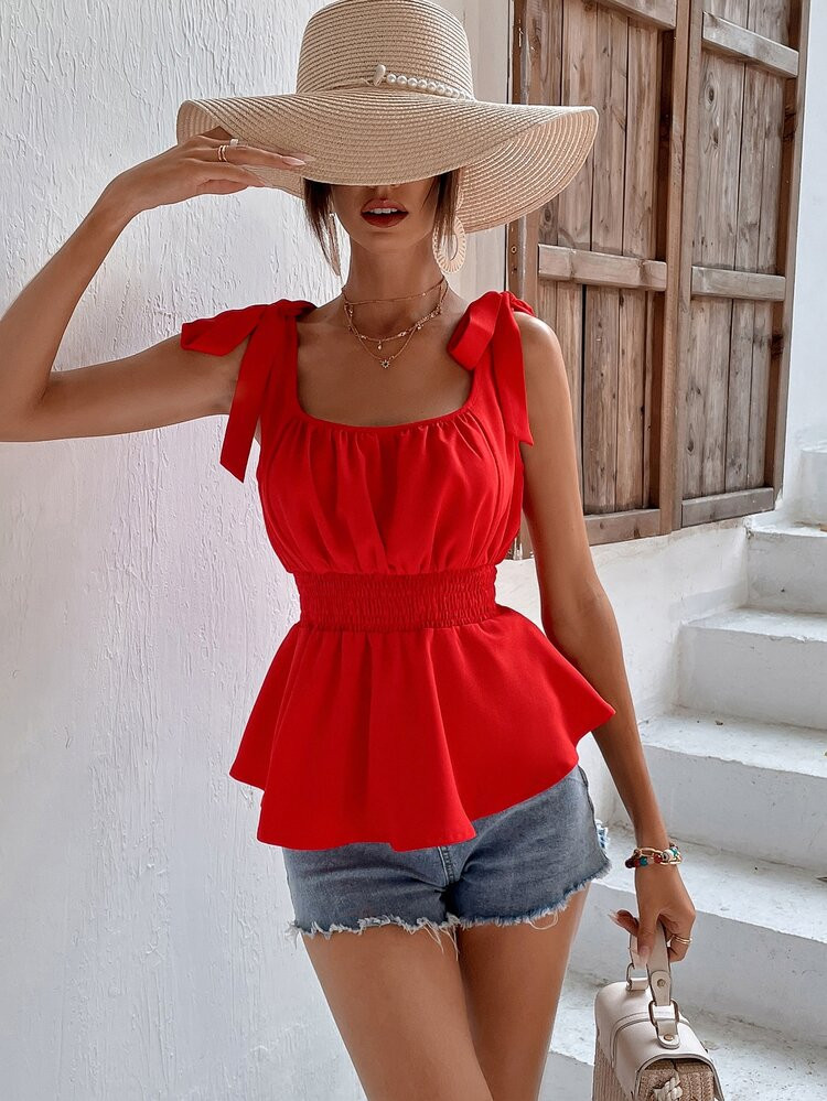 Shirred Waist Knot Shoulder Ruffle Hem Tank Top | SHEIN