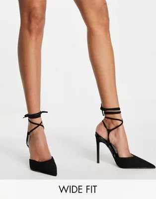ASOS DESIGN Wide Fit Prize tie leg high heeled shoes in black | ASOS (Global)