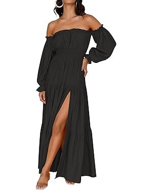 ZESICA Women's 2024 Boho Sexy Off Shoulder Long Sleeve Smocked High Waist Side Split Flowy A Line... | Amazon (US)