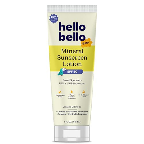 Hello Bello Baby Mineral SPF 50 Sunscreen Lotion with Broad Spectrum UVA + UVB Protection, Water Resistant and Reef Friendly Sun Protection for Babies and Kids, 3 fl oz (Pack of 1) | Amazon (US)