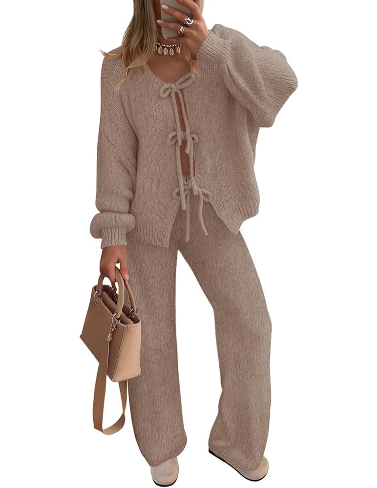 ZESICA Women's 2 Piece Outfits Lounge Pajama Sets 2025 Fall Long Sleeve Cardigans Wide Leg Pants ... | Amazon (US)