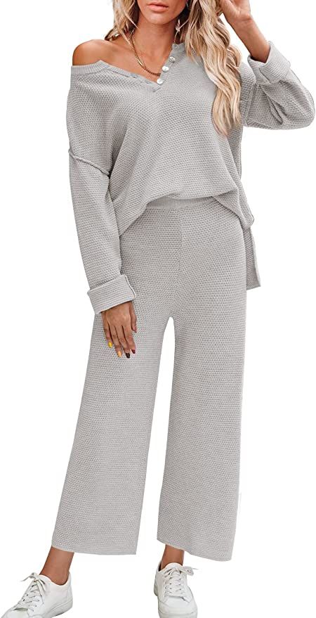 Yanekop Womens 2 Piece Waffle Knit Sweater Set Outfits Lounge Sets Henley Shirts Wide Leg Pants P... | Amazon (US)