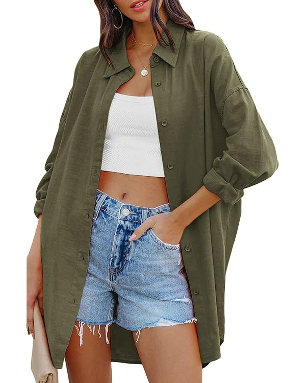 FSHAOES Womens Oversized Button Down Shirts Casual Loose Long Sleeve Solid Lapel Long Blouses Top... | Amazon (US)