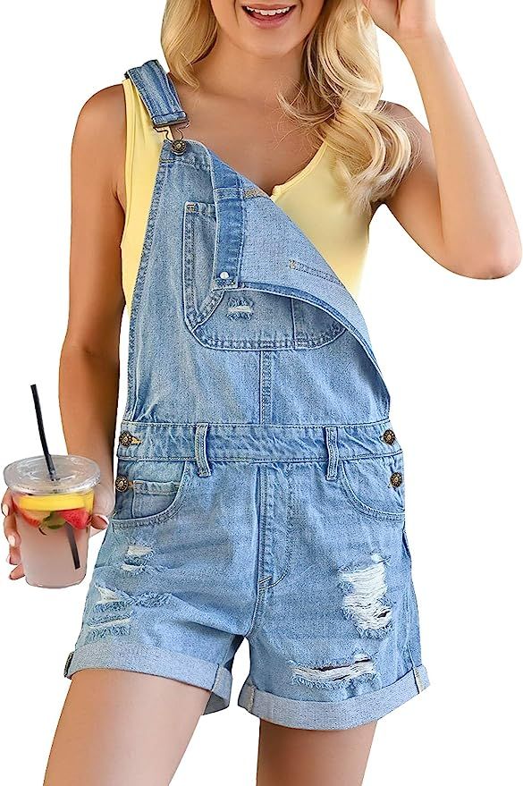 GRAPENT Women's Ripped Denim Shortalls Adjustable Straps Bib Overall Jean Shorts | Amazon (US)