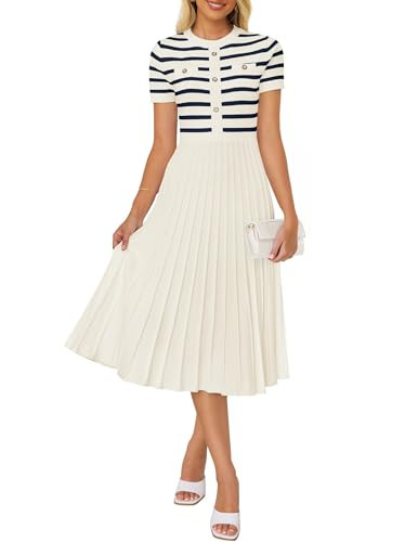 ZESICA Women's 2026 Casual Striped Midi Dress Crewneck Short Sleeve Button Ribbed Knit Swing Pleated A Line Dresses Beige X-Large | Amazon (US)