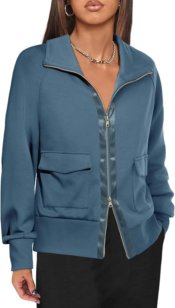 Fisoew Women's Zip up Sweatshirt Collared Neck Long Sleeve Loose Casual Lightweight Jacket with P... | Amazon (US)