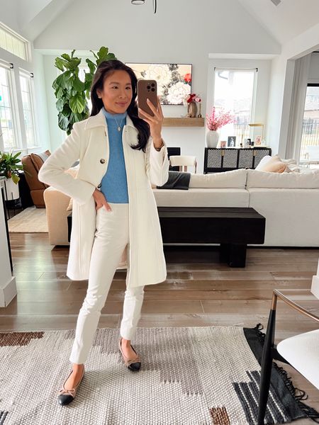 Business casual outfit today with blue 100% cashmere turtleneck in size XS paired with white pants in size 00 and layered with a white wool blend coat in size petite 0 that is on sale for an extra 30% off wotj code SALETIME! I love this coat because it is feminine, has pockets, keeps you very warm and isn’t too bulky  

#LTKsalealert #LTKstyletip #LTKSeasonal