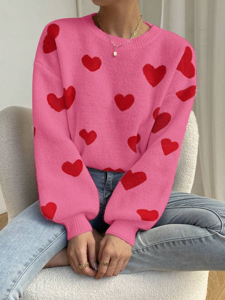 SHEIN Qutie Women's Drop Shoulder Sweater With Heart Pattern | SHEIN
