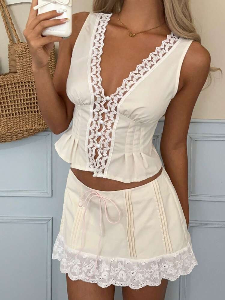 SHEIN EZwear 2pcs/Set Women Lace Patchwork V-Neck Sleeveless Top And Skirt Set | SHEIN