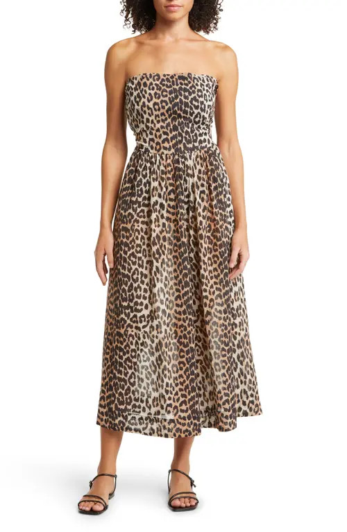 Ganni Leopard Print Strapless Organic Cotton Cover-Up Dress at Nordstrom, Size Xx-Small | Nordstrom