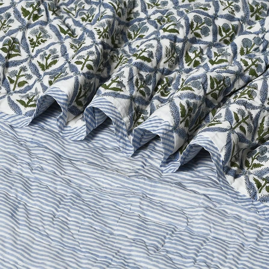 Ridhi Block Print Quilt Light Steel Blue Reversible Throw Blanket 100% Cotton Quilt,Cover for Cou... | Amazon (US)