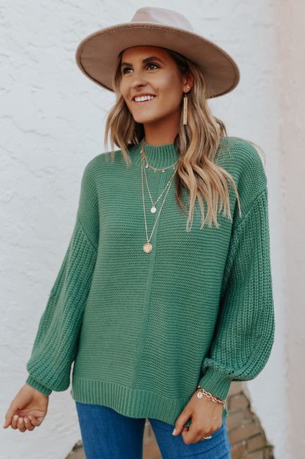 Mock Neck Green Seam Detail Sweater | Magnolia Boutique