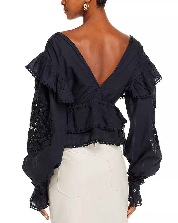 Cotton Long Sleeve Ruffle V Neck Top | Bloomingdale's (US)