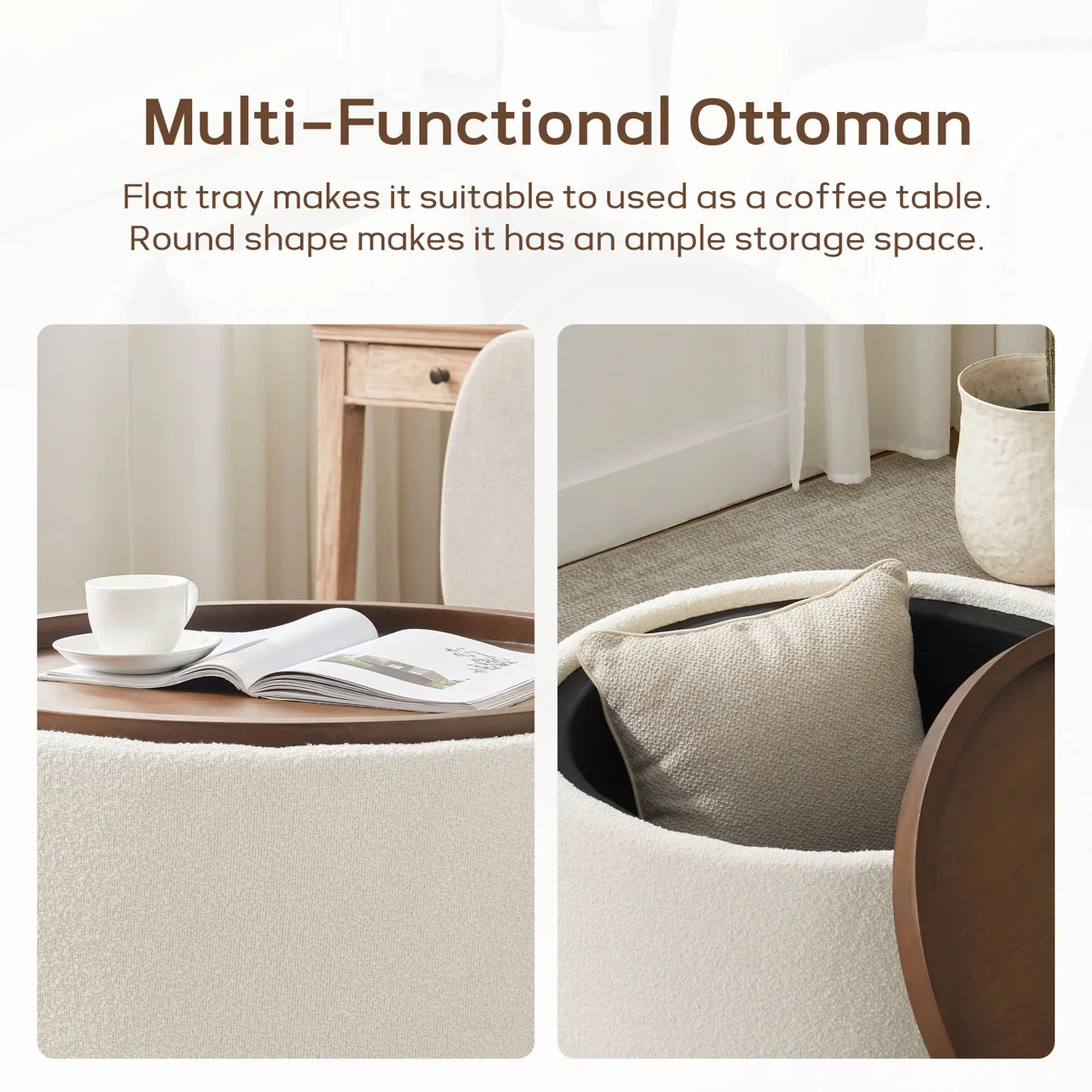 Caysey 30.1" W Upholstered Round Storage Ottoman with Wooden Tray | Wayfair North America