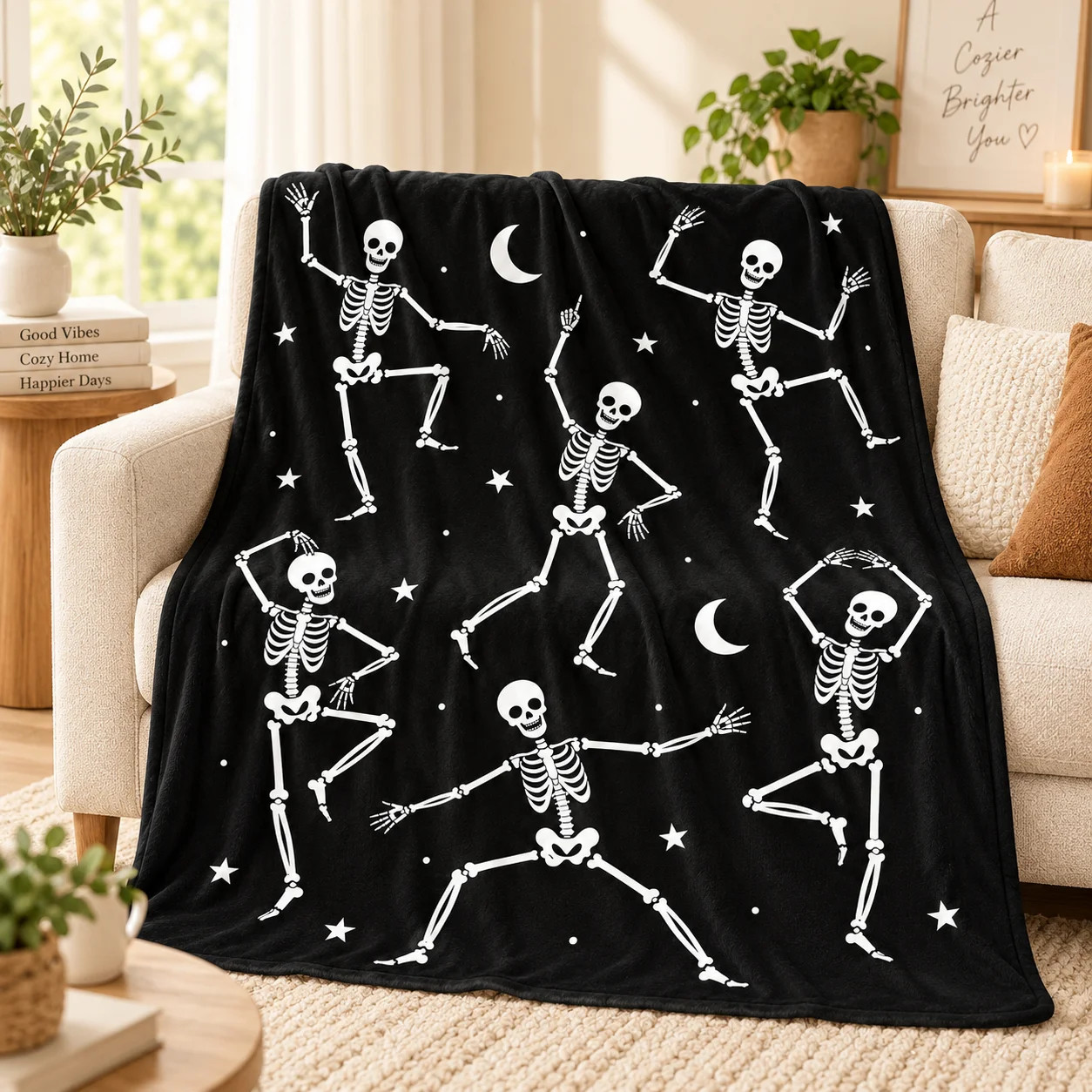 Dancing Skeleton Blanket, Black Flannel Throw with Crescent Moons and Stars for Couch, Bed, Reading, Travel and Playful Seasonal Room Accent, 60 x 80 | Wayfair North America
