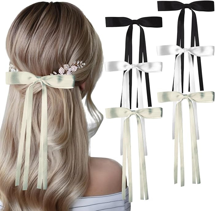 Hair Bows Clips for Women - 6pcs White Black Beige Hair Ribbon Long Tassel with Hair Clips, Solid... | Amazon (US)