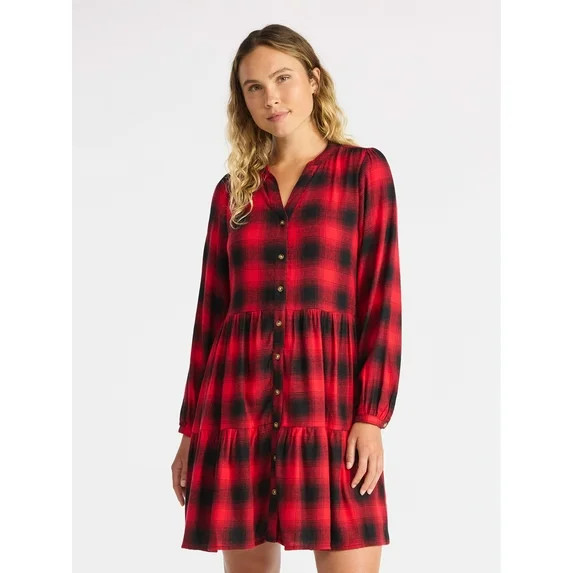 Time and Tru Women's Tiered Plaid Flannel Dress, Sizes XS – XXXL - Walmart.com | Walmart (US)