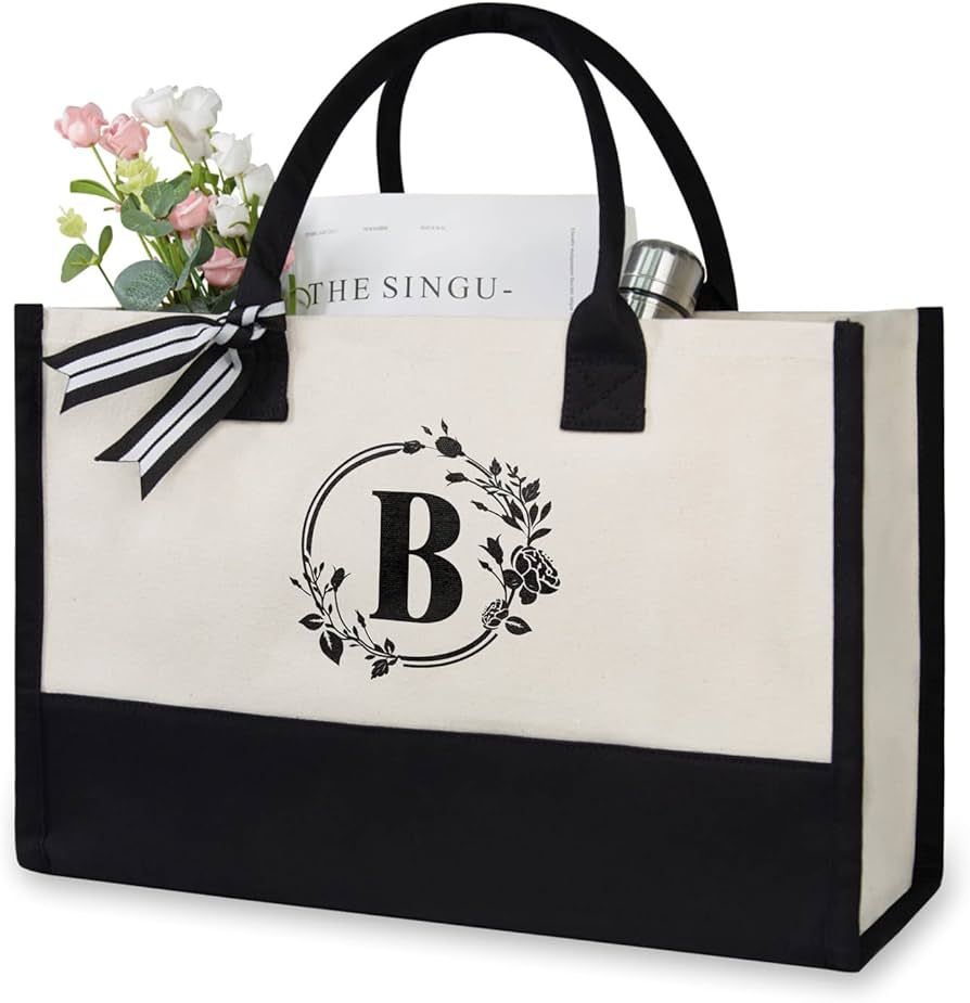 TOPDesign Initial Canvas Tote Bag, Personalized Present Bag, Suitable for Wedding, Birthday, Beac... | Amazon (US)