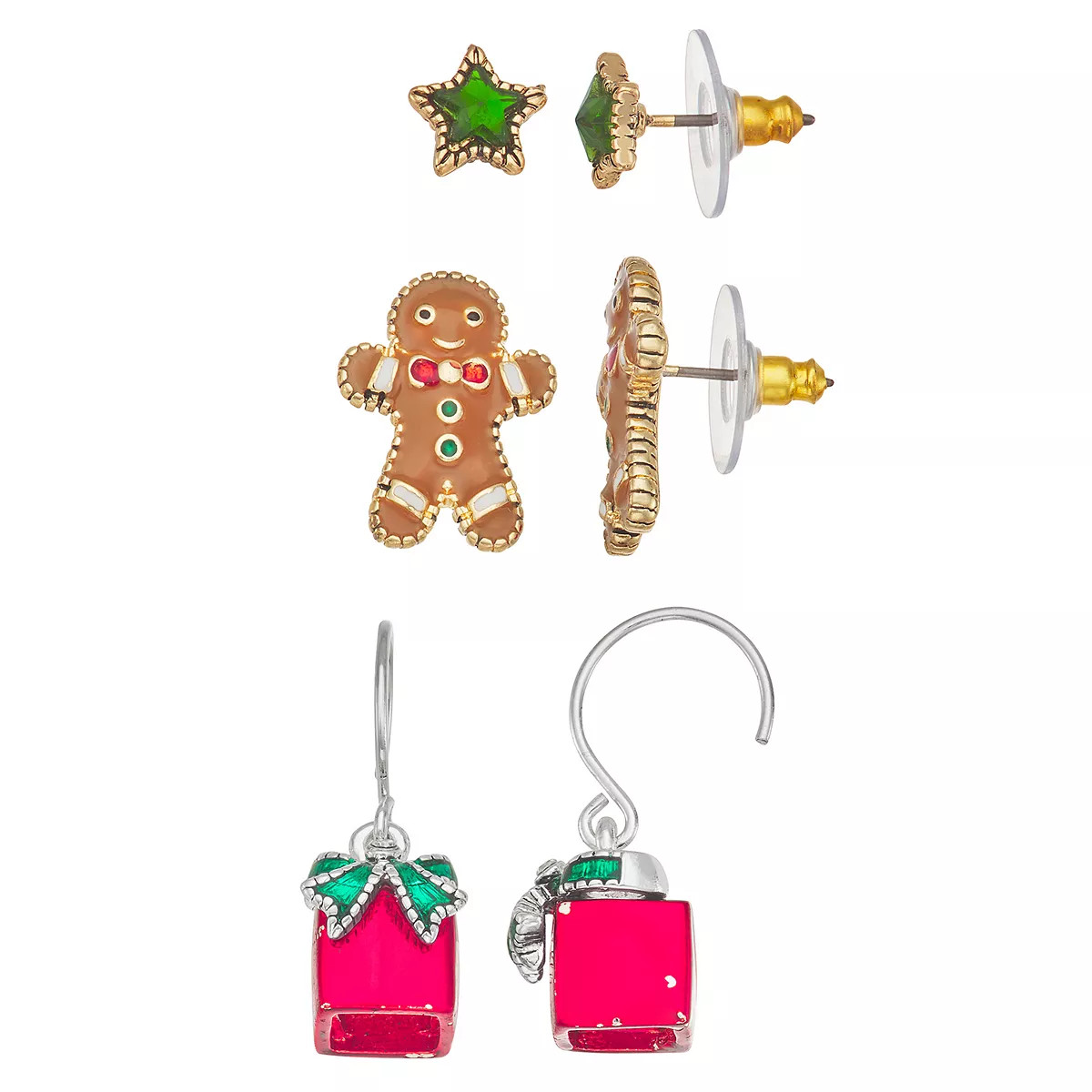 Napier Two-Tone Star, Gingerbread Man, & Present Earrings Trio | Kohl's