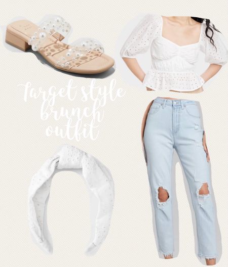 Saturday shares! Target outfit idea for brunch!! Eyelet puff sleeve top, eyelet headband, pearl sandals, mom ripped light wash denim jeans!! 