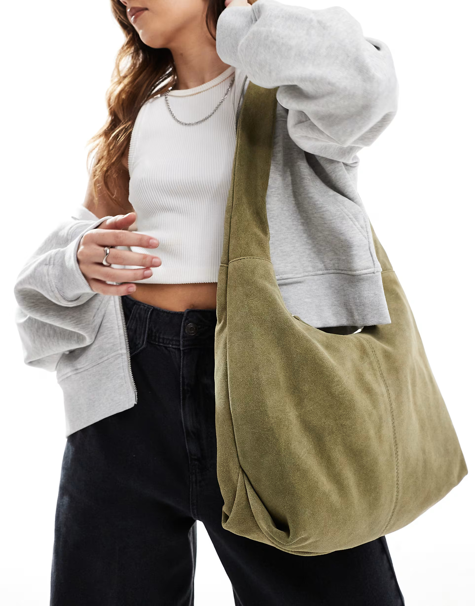 ASOS DESIGN suede sling tote bag in khaki | ASOS (Global)