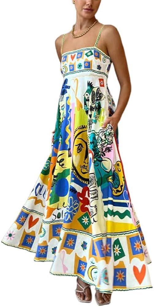 OrgeFy Autumn and Winter Sexy Women's Dress Strap Graffiti Print Sleeveless Large Swing Dress Sli... | Amazon (US)