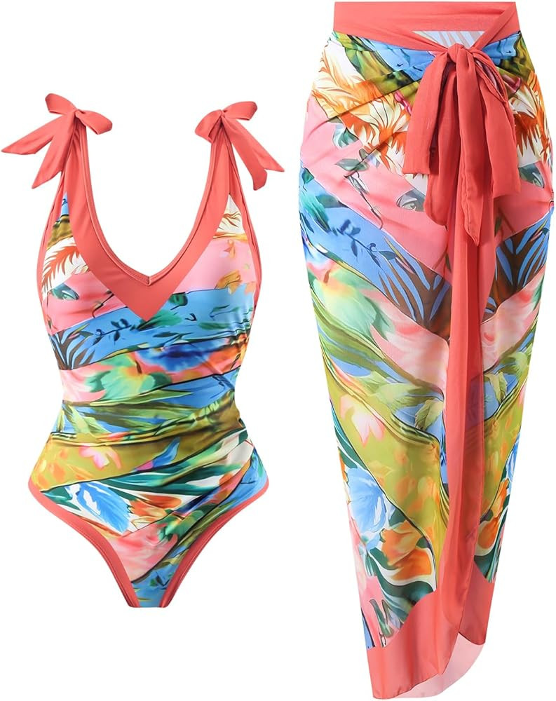 Womens One Piece Swimsuit with Cover Up Sarong Wrap Floral Bathing Suits 1 Piece Swim Suit with B... | Amazon (US)