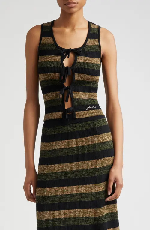 Ganni Stripe Tie Front Sleeveless Merino Wool Sweater in Brown Multicolor at Nordstrom, Size Medium | Nordstrom
