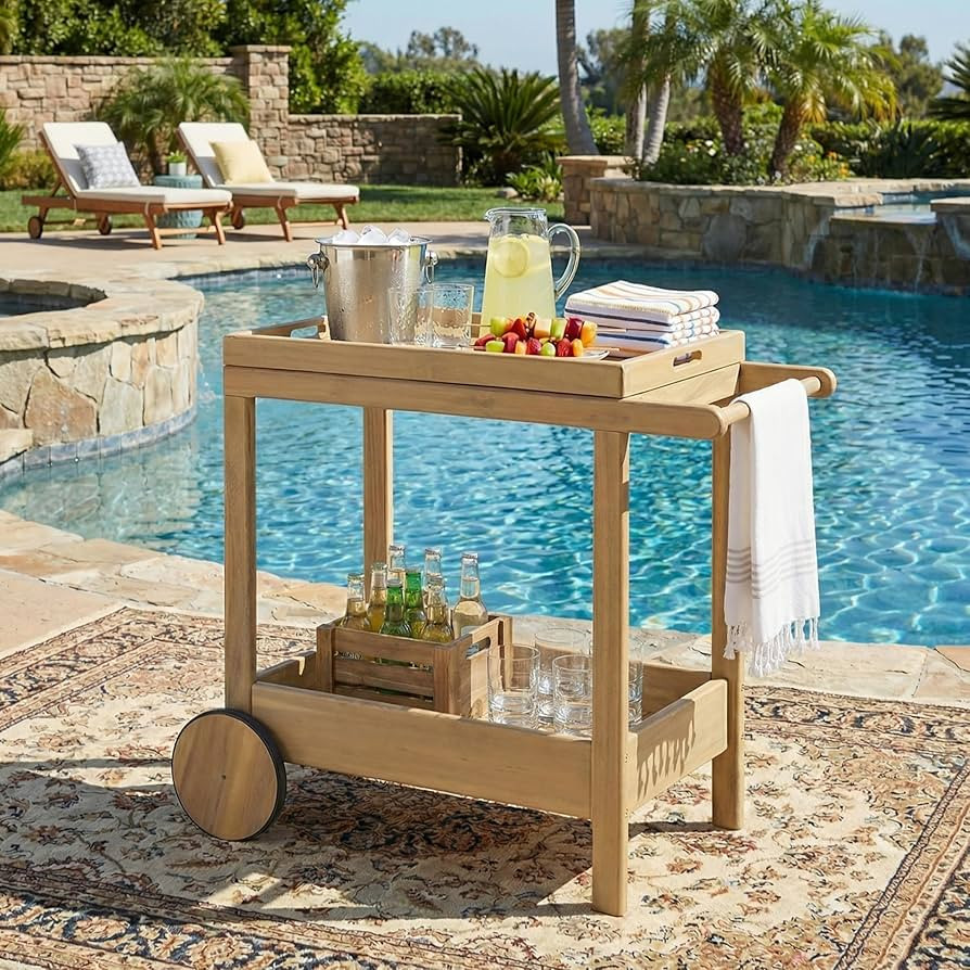 Christopher Knight Home Sara Acacia Wood Outdoor Bar Cart with Wheels, Rolling Kitchen Cart with Tray, Rolling Serving Cart for Patio, Deck & Backyard, Natural Wood | Amazon (US)