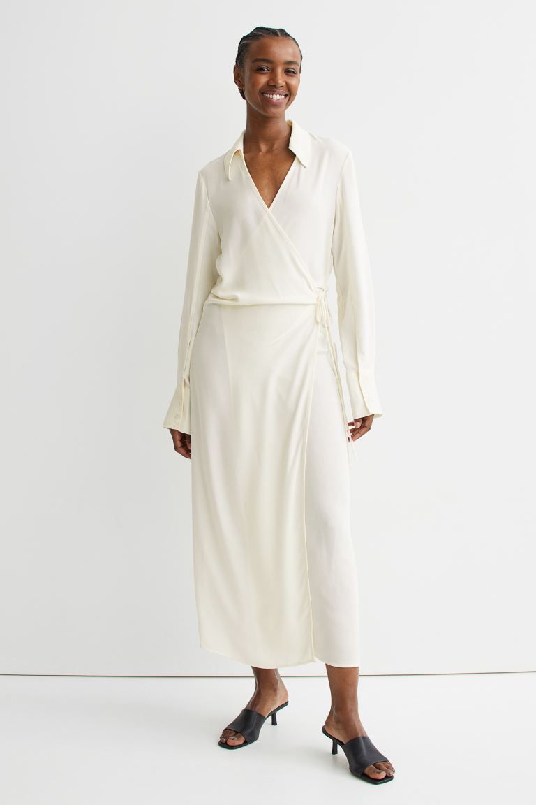 Calf-length dress in woven fabric. Collar, V-neck with a wrapover front, and narrow ties at one s... | H&M (US + CA)