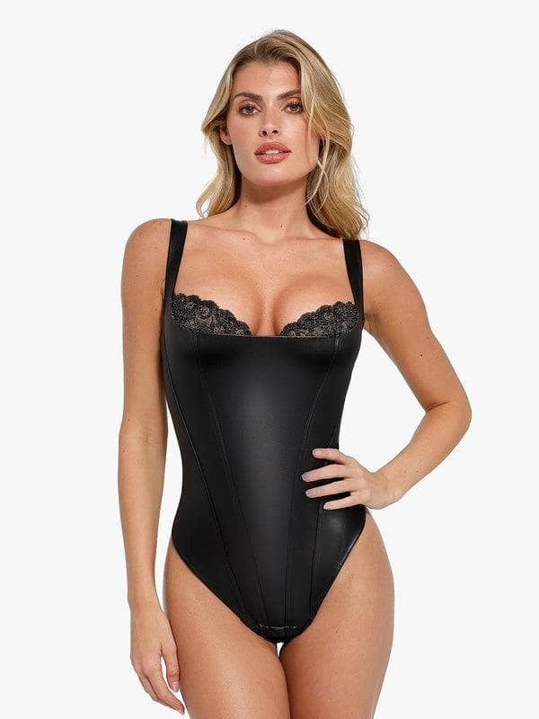 Shapewear Faux Leather Lace Balconette Sculpting Bodysuit | Popilush