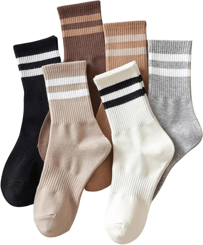 Verdusa Women's 6 Pairs Stripes Ankle Socks Casual Sporty Calf Socks | Amazon (US)