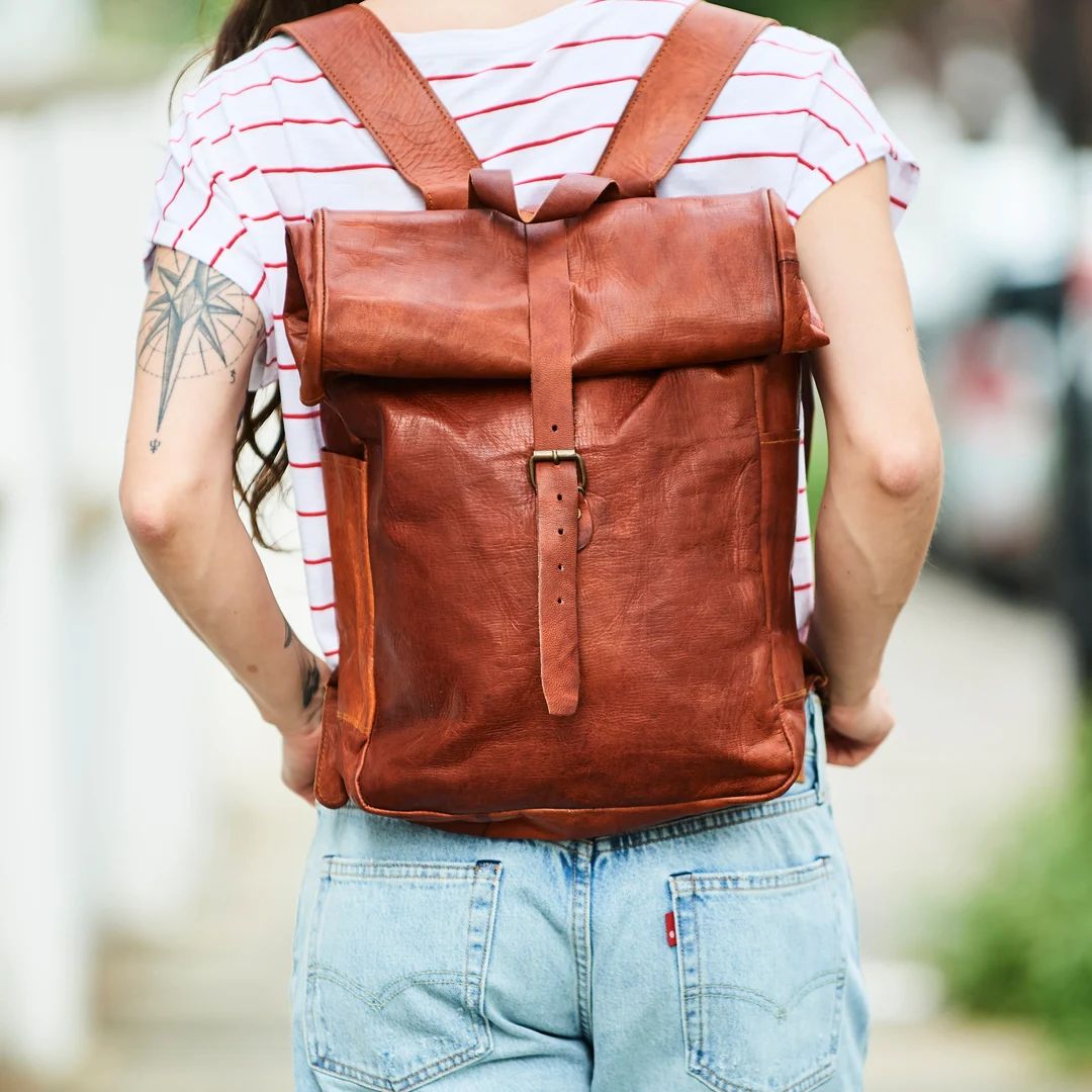 Personalised Roll Top Leather Backpack - Etsy UK | Etsy (US)