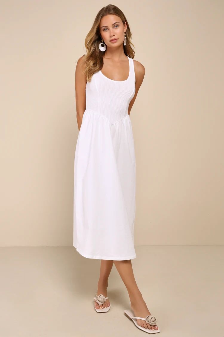 Summer Beauty White Ribbed Twist-Back Midi Dress | Lulus