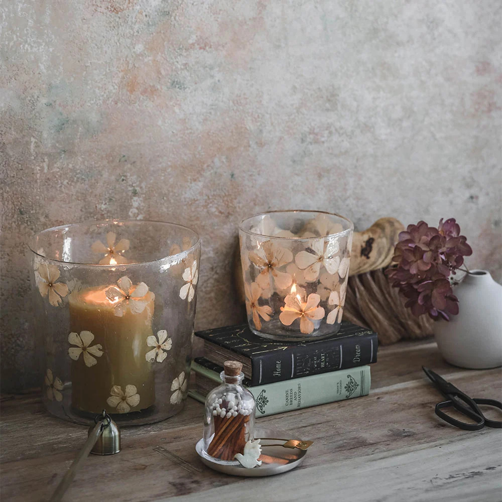 Everlasting Floral Glass Hurricane Candle Holder | Roan Iris