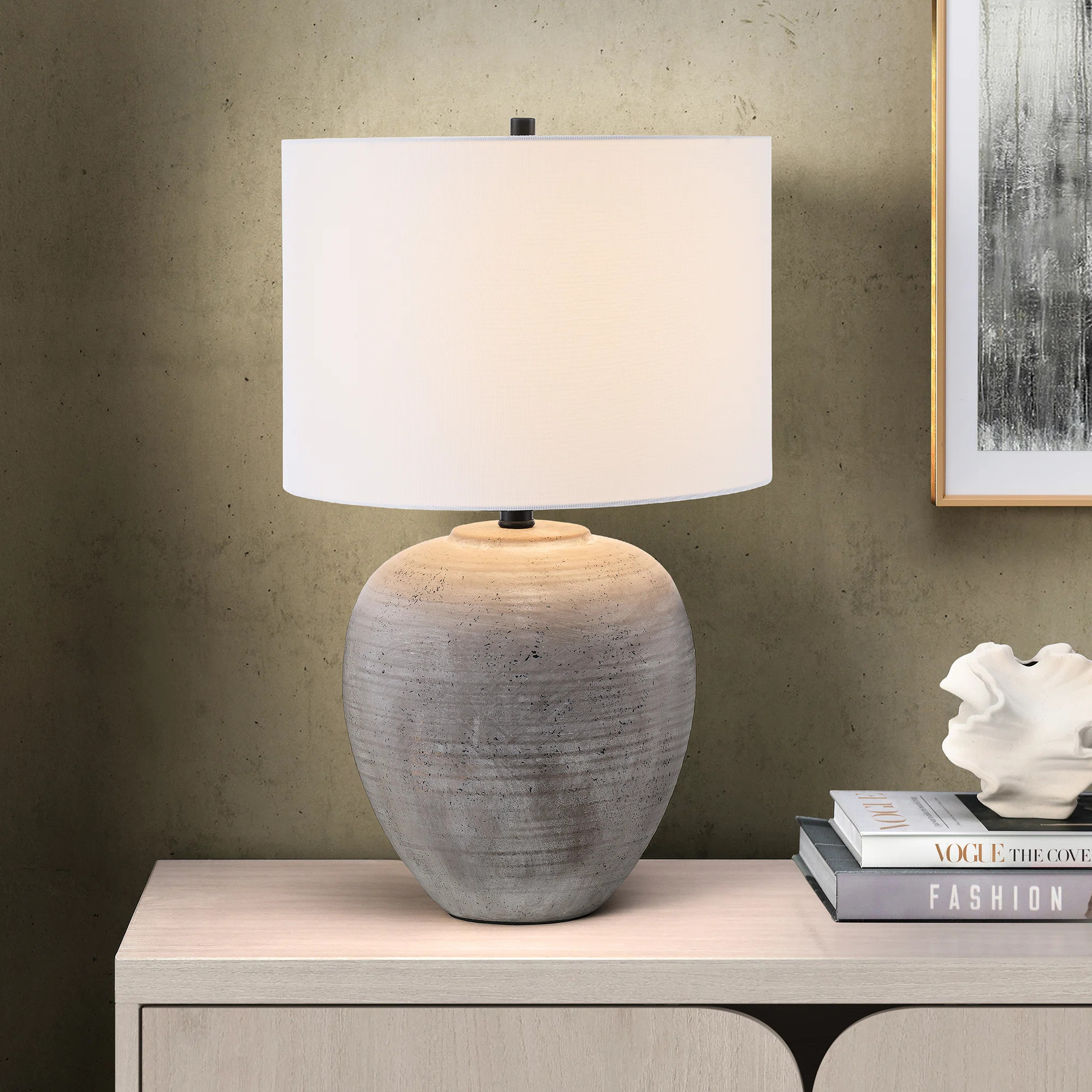 Wrought Studio\u2122 Meinou 23" Tall Ceramic Table Lamp with Fabric Shade in Cool Terracotta/Whit... | Wayfair North America