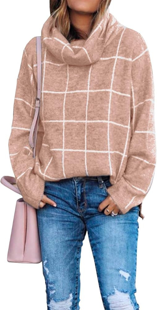 2021 Winter Women’s Turtleneck Knit Sweater Long Sleeves Pullover Plaid Side Split Checked Outw... | Amazon (US)