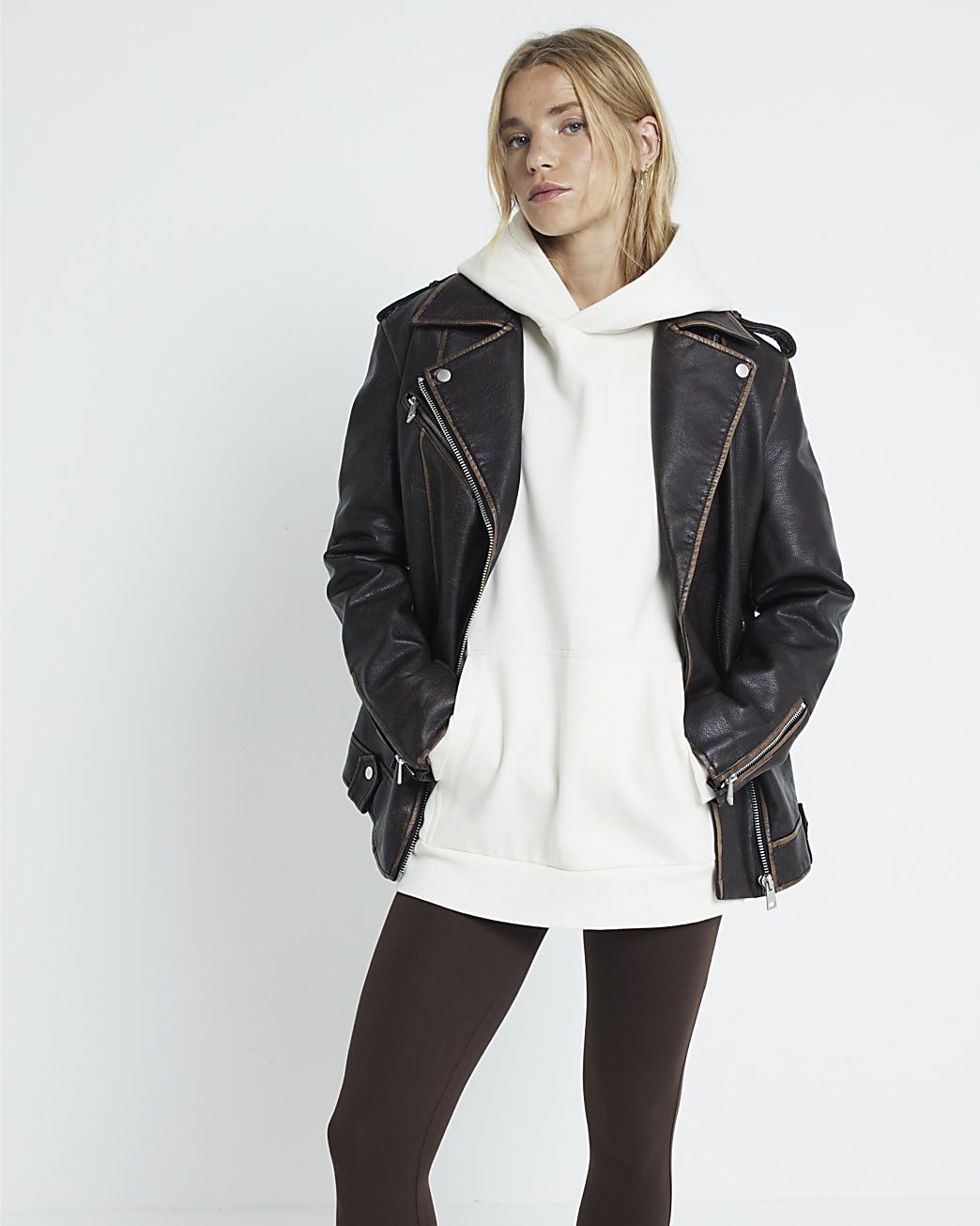 Brown faux leather oversized biker jacket | River Island (UK & IE)