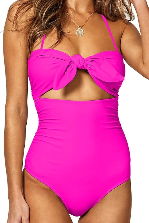 BOOSOULY Women's Beandeau Tie Knot Front Cut Out High Waist One Piece Swimsuits | Amazon (US)