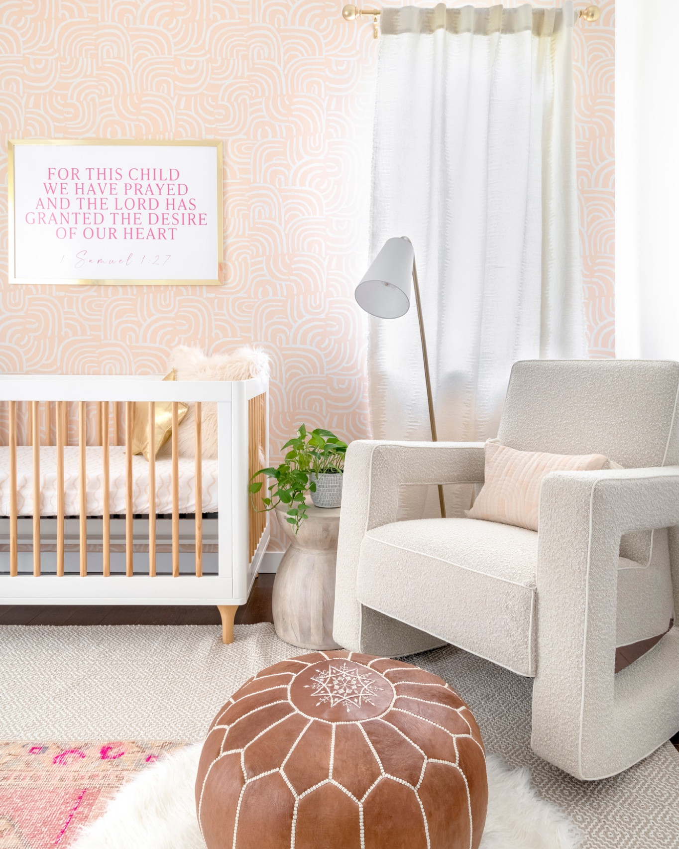 Introducing our Boho Modern Baby Girl Nursery. 
A Dreamy Haven to Rest, Play and Pray!
We’ve created a magical space mixing bohemiam organic vibes with modern touches, including whimsical peach wallpaper, a gallery wall with custom-colored prints, layered rugs and gold accents. This nursery offers a harmonious blend of comfort, style and functionality. 
#bibleverseprints #babygirlnursery #goldfixtures #ikea #serenespaces #bohodecor #bohemian #bohonursery #littlegirlsroom #bohomodern #magicalbedroomspaces #digitaldownloads #kidsrooms #gallerywall #myfutureisbright 

#LTKkids #LTKhome #LTKbump