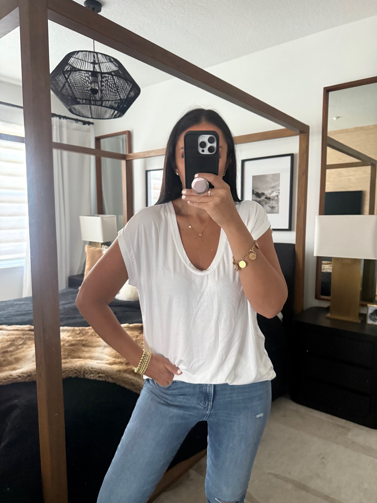 Supersoft Relaxed Scoop Neck Tunic Tee. Mid Rise Light Wash FlexX Ripped Raw Hem Skinny Jeans