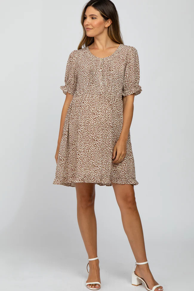 Ivory Printed Button Front Ruffle Trim Babydoll Maternity Dress | PinkBlush Maternity